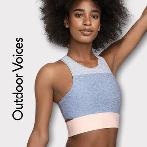 Outdoor Voices Tri-Tone Slashback Crop Top in Dove/Lake/Rose Quartz